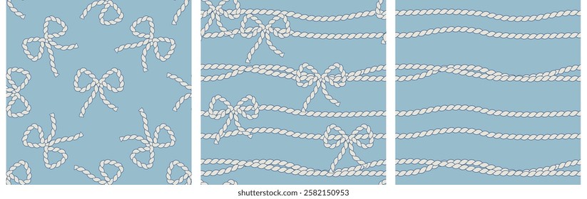 Anchor rope with bows vector seamless patterns in retro style. Sea backgrounds for textile, wrapping, package, scrapbooking. Fisherman aesthetic collection.
