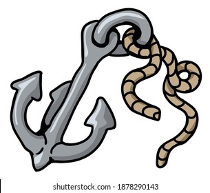 Anchor with rope cartoon color drawing, vector illustration, horizontal, over white, isolated
