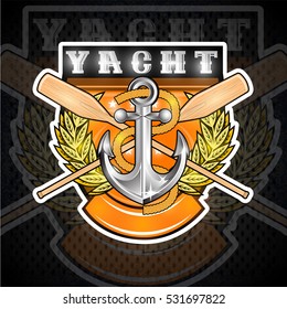 Anchor with rope and crossed paddles in the middle of golden laurel wreath on shield. Sport logo for any yachting or sailing team or championship