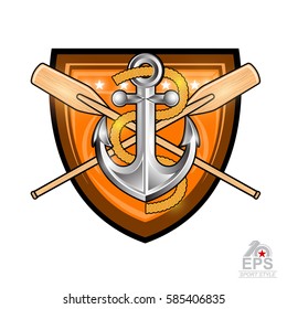 Anchor with rope and crossed paddles in the middle on shield. Sport logo for any yachting or sailing team or championship isolated on white