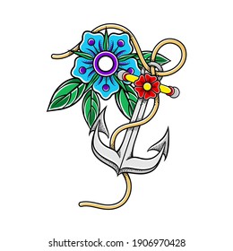 Anchor with Rope and Flower as Old School Badge Vector Illustration