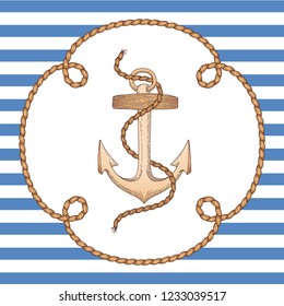 Anchor in rope frame on striped background. Vintage style illustration for marine design and decoration