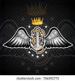 Anchor with rope with gold crown between wings on blackboard. Sport logo for any yachting or sailing team or championship