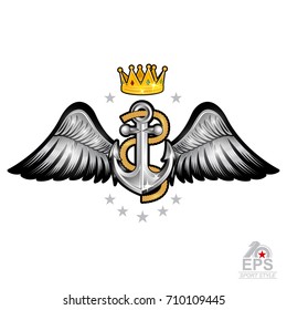 Anchor with rope with gold crown between wings on white. Sport logo for any yachting or sailing team or championship