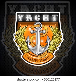 Anchor with rope with gold laurel wreath in center of shield. Sport logo for any yachting or sailing team or championship