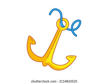 Anchor with rope, golden metal. Vector illustration in cartoon childish style. Isolated funny clipart on white background. cute print