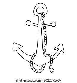 Anchor with rope. Hand drawn vector illustration in doodle style on white background. Isolated black outline. Sea and ocean vessel theme. Great for kids coloring books