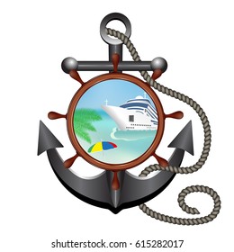 Anchor, rope, helm and porthole with the ship and island. Concept advertising sea travel. Vector illustration.