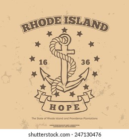 Anchor with rope and hope. Design elements. T-shirt print. Rhode Island Flag