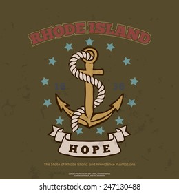 Anchor with rope and hope. Design elements. T-shirt print. Rhode Island Flag