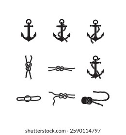 anchor with rope icon collection set silhouette vector flat design illustrations