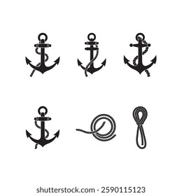 anchor with rope icon collection set silhouette vector flat design illustrations