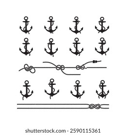 anchor with rope icon collection set silhouette vector flat design illustrations