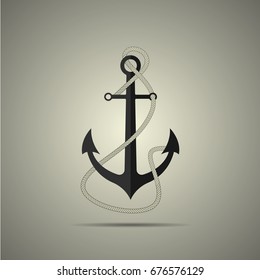 Anchor with rope icon, flat style, black and white colors, concept