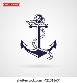 Anchor with rope. Icon isolated on white background. Sea, nautical and travel themes. Vector illustration.