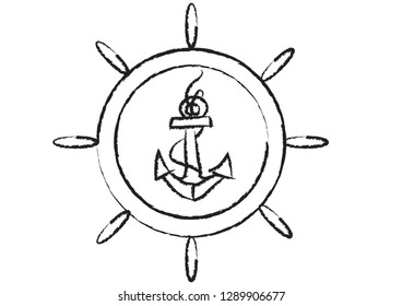 Anchor with a rope inside the wheel in the grunge style. Vector composition icon