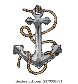 Anchor and rope line art sketch engraving color hand drawn vector illustration. T-shirt apparel print design. Scratch board imitation. Black and white hand drawn image.