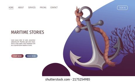 Anchor with rope. Maritime, sea coast, marine life, nautical concept. Vector illustration. Website, banner template.