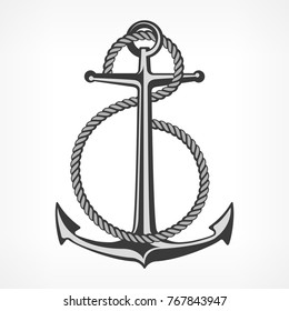 Anchor with rope, nautical symbols on white, vector marine illustration