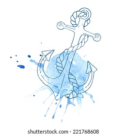 Anchor with rope on the background of an abstract watercolor stains, vector
