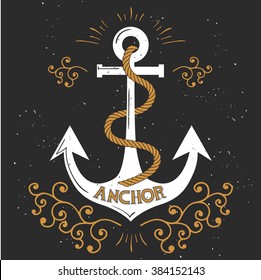 Anchor with rope on a black background vector illustration