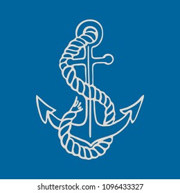 Anchor with  rope on blue background. Vector illustration of nautical anchor.  Icon and design element.