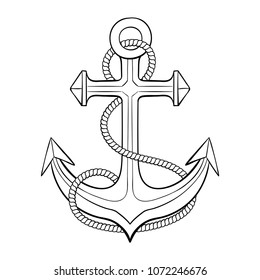 Anchor with rope. Outline drawing. Vector illustration isolated on white background
