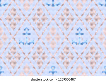 Anchor rope pattern geometric ornamental background cute motif abstract minimalist fabric print decorative small rhombus ornament graphic style. Casual repeating textile design, white pink blue colors