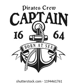 Anchor with rope, ribbon and text captain vector pirate emblem in monochrome vintage style isolated on white background