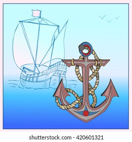 Anchor with rope. Sailing stylized ship sails on the sea. Marine element. Waves. Illustration. Vector.