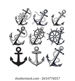 anchor and rope set black vector 