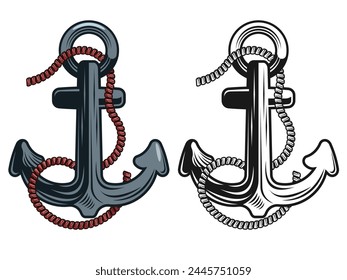Anchor with a rope. Anchor sign for tattoo. Vector graphics