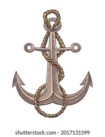 Anchor and rope sketch engraving vector illustration. Hand drawn print design image. Nautical symbol in vintage style. Retro drawing