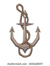 Anchor and rope sketch engraving vector illustration. Hand drawn print design image. Nautical symbol in vintage style. Retro drawing