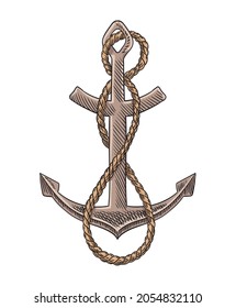 Anchor and rope sketch engraving vector illustration. Hand drawn print design image. Nautical symbol in vintage style. Retro drawing