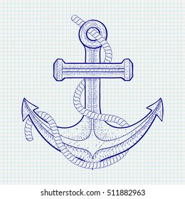 Anchor with rope. Sketch on notebook sheet background. Vector illustration