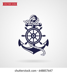 Anchor with a rope and a steering wheel. Icon isolated on white background. Sea travel and nautical themes. Vector design element.