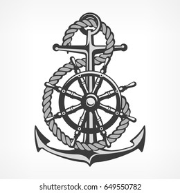 Anchor with rope and steering wheel, nautical symbols on white, vector marine illustration