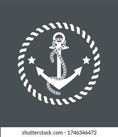 Anchor with rope and two stars in round frame. White anchor isolated on gray background