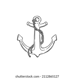 anchor with rope. Vector black white doodle sketch isolated illustration.