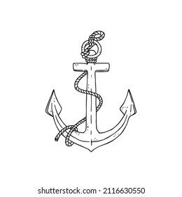 anchor with rope. Vector black white doodle sketch isolated illustration.