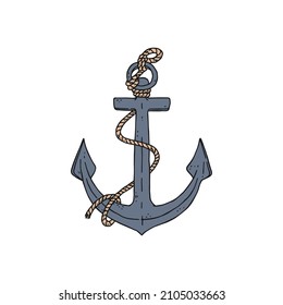 anchor with rope. Vector doodle sketch outline isolated illustration.