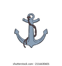 anchor with rope. Vector doodle sketch outline isolated illustration.
