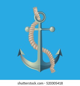 Anchor with rope vector illustration isolated on blue. Nautical anchor. Symbol of sailors, cruise, sail, ocean and sea. Travel design. Deep water anchor with rope marine icon element. Vector