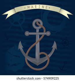 Anchor with rope vector illustration isolated on a dark blue background with shapes of waves,ship, anchor, lifebuoy and helm. Volume effect. Retro ribbon with lettering 'marine'