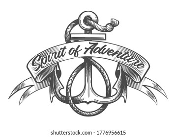 Anchor with Ropes and banner with hand made lettering Spirit of Adventure. Vector illustration in tattoo style.