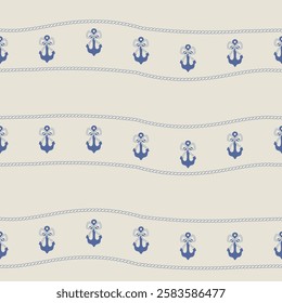 Anchor and ropes, gorizontal lines vecror seamless pattern in retro vintage style for textile design, scrapbook paper, wallpaper package. Summer fishing aesthetic