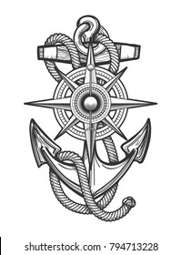 Anchor with ropes and Nautical vintage compass drawn in engraving style. Vector illustration.