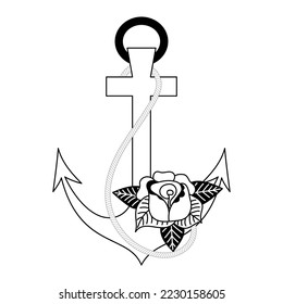 Anchor with rose tattoo in y2k, 1990s, 2000s style. Emo goth element design. Old school tattoo. Vector illustration