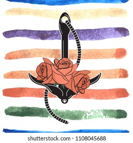 Anchor with roses on a background of a pattern with multi-colored stripes. Poster, postcard.